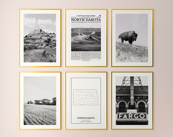 Set di 6 stampe dello stato del Dakota del Nord, stampe in bianco e nero del Dakota del Nord, poster fotografico del Dakota del Nord, mappa del Dakota del Nord, Stati Uniti