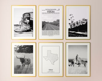 Texas State Prints Set of 6, Texas Black And White Prints, Texas Photo Poster, Texas Wall Art, Texas Map, United States