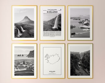 Può includere: Un set di sei fotografie in bianco e nero incorniciate di paesaggi islandesi. Le foto includono una cascata, una montagna, un ghiacciaio, una chiesa, una costa e una mappa dell'Islanda. Le cornici sono dorate.