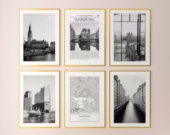 Hamburg City Prints Set of 6, Hamburg Black And White Prints, Hamburg Photo Poster, Hamburg Wall Art, Hamburg Map, Germany