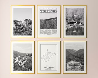 May include: A set of six black and white framed prints featuring scenic views of West Virginia, including a bridge, a waterfall, a mountain range, and a map of the state. The frames are gold.