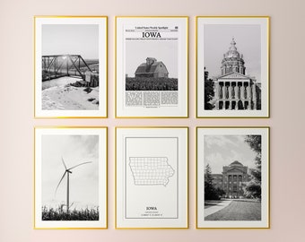 Iowa State Prints Set of 6, Iowa Black And White Prints, Iowa Photo Poster, Iowa Wall Art, Iowa Map, United States