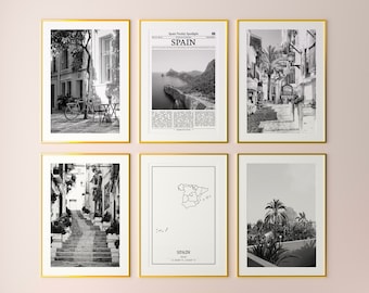 Spain Prints Set of 6, Spain Black And White Prints, Spain Photo Poster, Spain Wall Art, Spain Map, Spain