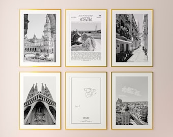 Spain Prints Set of 6, Spain Black And White Prints, Spain Photo Poster, Spain Wall Art, Spain Map, Spain