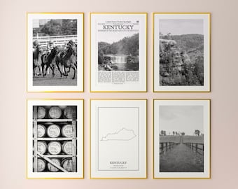 Kentucky State Prints Set of 6, Kentucky Black And White Prints, Kentucky Photo Poster, Kentucky Wall Art, Kentucky Map, United States