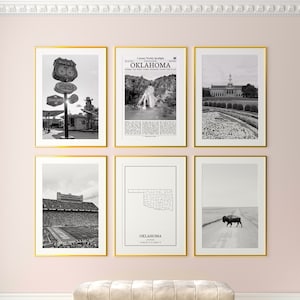 Oklahoma Prints Set von 6, Oklahoma Schwarz Weiß Prints, Oklahoma Foto Poster, Oklahoma Wandkunst, Oklahoma Karte, Land