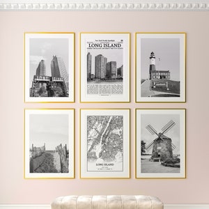 Long Island City Prints 6er Set, Long Island Schwarzweißdrucke, Long Island Fotoposter, Long Island Karte, New York, USA