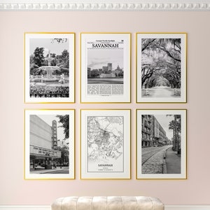 Savannah City Prints 6er Set, Savannah Schwarz Weiß Drucke, Savannah Foto Poster, Savannah Karte, Georgia, USA