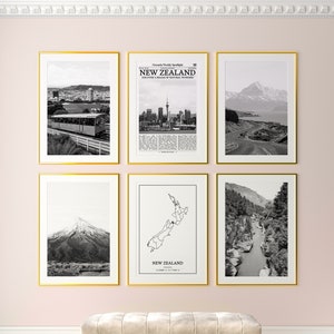 New Zealand Prints Set of 6, New Zealand Black And White Prints, New Zealand Photo Poster, New Zealand Map, New Zealand
