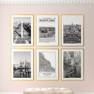 Conjunto de 6 impressões da cidade de Buenos Aires, impressões em preto e branco de Buenos Aires, pôster fotográfico de Buenos Aires, mapa de Buenos Aires, Argentina