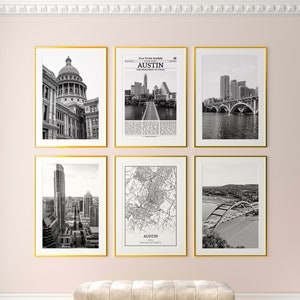 Austin City Prints Set of 6, Austin Black And White Prints, Austin Photo Poster, Austin Wall Art, Austin Map, Texas, United States