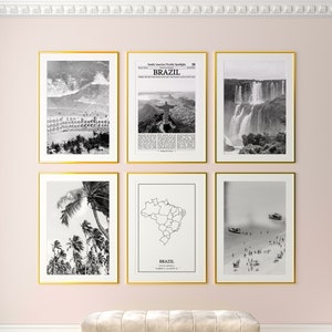 Juego de 6 láminas de Brasil, láminas en blanco y negro, póster fotográfico de Brasil, arte mural de Brasil, mapa de Brasil