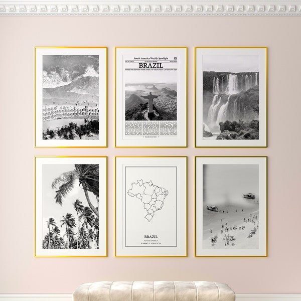 Brazil Prints Set of 6, Brazil Black And White Prints, Brazil Photo Poster, Brazil Wall Art, Brazil Map, Brazil