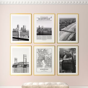 Jacksonville City prints set van 6, Jacksonville zwart-wit prints, Jacksonville fotoposter, Jacksonville kaart, Florida, Verenigde Staten