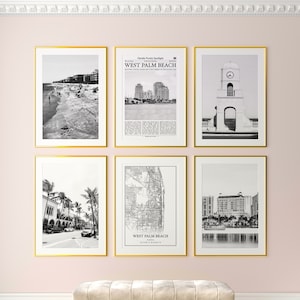 West Palm Beach City prints set van 6, West Palm Beach zwart-wit prints, West Palm Beach fotoposter, West Palm Beach kaart, Florida
