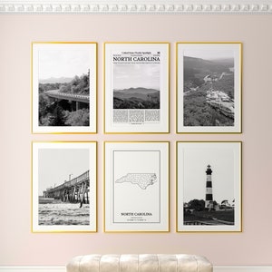 North Carolina State Prints 6er Set, North Carolina Schwarzweißdrucke, North Carolina Fotoposter, Karte von North Carolina, USA