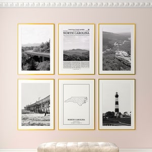 North Carolina State Prints Set of 6, North Carolina Black And White Prints, North Carolina Photo Poster, North Carolina Map, United States