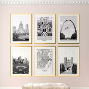 St. Louis City Prints 6er Set, St. Louis Schwarzweiß-Drucke, St. Louis Fotoposter, St. Louis Karte, Missouri, USA