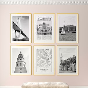 Charleston City Prints 6er Set, Charleston Schwarz Weiß Prints, Charleston Foto Poster, Charleston Karte, South Carolina, USA