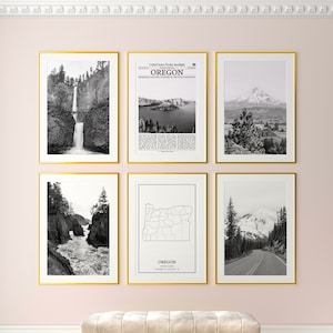 Oregon State Prints Set von 6, Oregon Schwarz-Weiß-Drucke, Oregon Foto-Poster, Oregon Wandkunst, Oregon Karte, Vereinigte Staaten