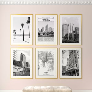 Tampa City Prints Set von 6, Tampa Schwarz Weiß Drucke, Tampa Foto Poster, Tampa Wandkunst, Tampa Karte, Florida, Vereinigte Staaten