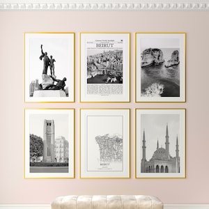 Beirut City Prints 6er-Set, Beirut Schwarzweißdrucke, Beirut Foto-Poster, Beirut Wandkunst, Beirut Karte, Libanon