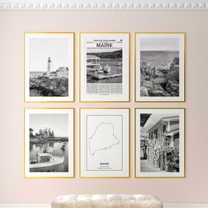 Maine State Prints 6er Set, Maine Schwarzweißdrucke, Maine Foto Poster, Maine Wandkunst, Maine Karte, USA