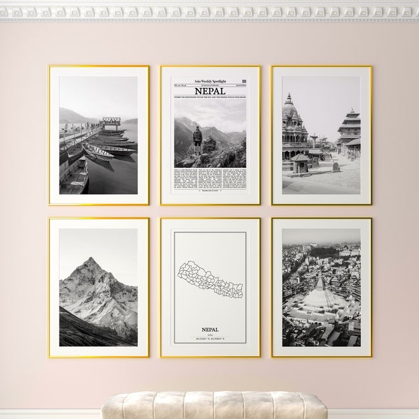 Nepal Prints Set of 6, Nepal Black And White Prints, Nepal Photo Poster, Nepal Wall Art, Nepal Map, Nepal