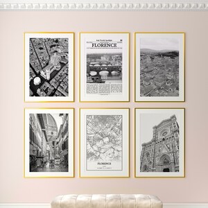 Juego de 6 láminas de la ciudad de Florencia, láminas en blanco y negro de Florencia, póster fotográfico de Florencia, arte mural de Florencia, mapa de Florencia, Italia