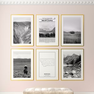 Lot de 6 impressions d'état du Montana, impressions noir et blanc du Montana, affiche photo du Montana, art mural Montana, carte du Montana, États-Unis