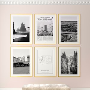 Washington State Prints Set of 6, Washington Black And White Prints, Washington Photo Poster, Washington Map, United States