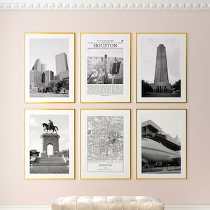 Houston City Prints 6er-Set, Houston Schwarz-Weiß-Drucke, Houston Foto-Poster, Houston Wandkunst, Houston Karte, Texas, Vereinigte Staaten
