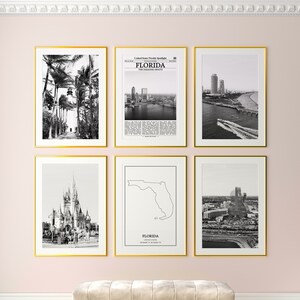 Florida State Prints Set of 6, Florida Black And White Prints, Florida Photo Poster, Florida Wall Art, Florida Map, United States
