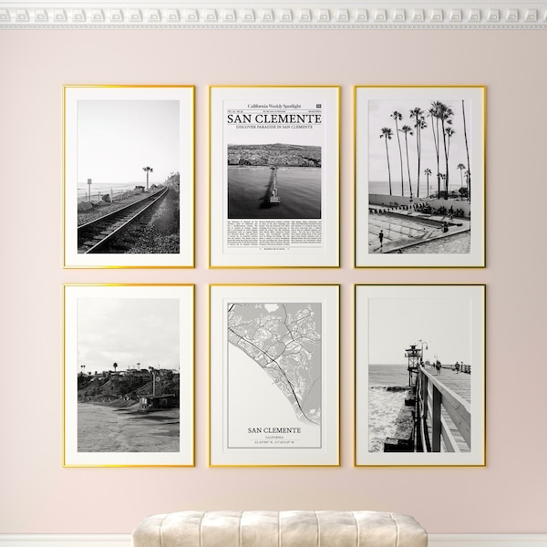 San Clemente City Prints Set of 6, San Clemente Black And White Prints, San Clemente Photo Poster, San Clemente Map, California
