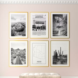 Impressões do estado do Arizona, conjunto de 6 impressões em preto e branco do Arizona, pôster fotográfico do Arizona, arte de parede do Arizona, mapa do Arizona, Estados Unidos