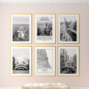 Lot de 6 impressions sur la ville de Chicago, impressions noir et blanc de Chicago, affiche photo de Chicago, art mural de Chicago, carte de Chicago, Illinois, États-Unis