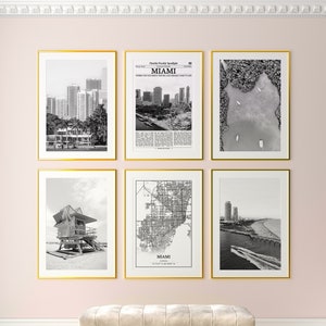 Miami City prints set van 6, Miami zwart-wit prints, Miami fotoposter, Miami Wall Art, Miami kaart, Florida, Verenigde Staten