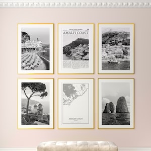 Amalfiküste Stadt Poster 6er Set, Amalfiküste Schwarzweiß Drucke, Amalfiküste Fotoposter, Amalfiküste Karte, Salerno, Italien