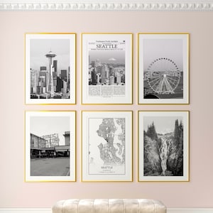 Seattle stad prints set van 6, Seattle zwart-wit prints, Seattle fotoposter, Seattle kunst aan de muur, Seattle kaart, Washington, Verenigde Staten