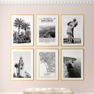 San Diego City Prints Set of 6, San Diego Black And White Prints, San Diego Photo Poster, San Diego Map, California, United States