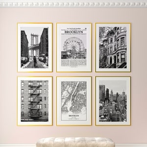 Brooklyn City Prints Set of 6, Brooklyn Black And White Prints, Brooklyn Photo Poster, Brooklyn Map, New York, United States