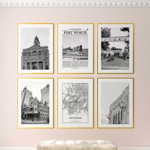 Fort Worth City Prints Set of 6, Fort Worth Black And White Prints, Fort Worth Photo Poster, Fort Worth Map, Texas, United States