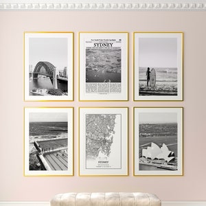 Sydney City Prints 6er-Set, Sydney Schwarzweiß-Prints, Sydney Foto-Poster, Sydney Wandkunst, Sydney Karte, New South Wales, Australien
