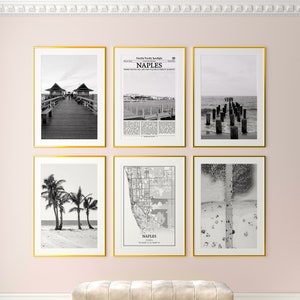 Set van 6 stadsprints Napels, zwart-witprints Napels, fotoposter Napels, kunst aan de muur Napels, kaart Napels, Florida, Verenigde Staten