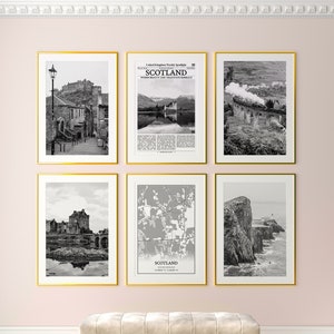 Scotland City Prints Set of 6, Scotland Black And White Prints, Scotland Photo Poster, Scotland Wall Art, Scotland Map, United Kingdom