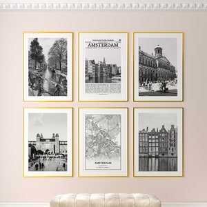 Amsterdam City Prints 6er-Set, Amsterdam Schwarzweiß-Drucke, Amsterdam Foto-Poster, Amsterdam Wandkunst, Amsterdam Karte, Niederlande