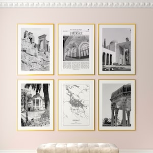 Conjunto de 6 impressões da cidade de Shiraz, impressões em preto e branco de Shiraz, pôster fotográfico de Shiraz, arte de parede de Shiraz, mapa de Shiraz, Irã