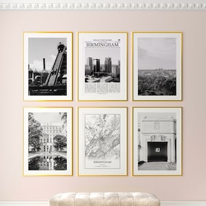 Birmingham City Prints 6er-Set, Birmingham Schwarzweiß-Prints, Birmingham Foto-Poster, Birmingham Karte, Alabama, USA