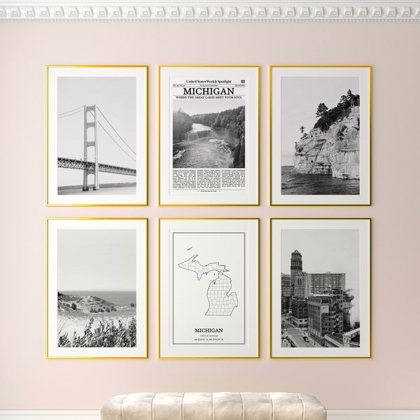 Michigan State Prints Set of 6, Michigan Black And White Prints, Michigan Photo Poster, Michigan Wall Art, Michigan Map, United States