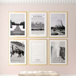 Lot de 6 impressions sur l'État du Wyoming, impressions noir et blanc du Wyoming, affiche photo du Wyoming, oeuvre d'art murale du Wyoming, carte du Wyoming, États-Unis